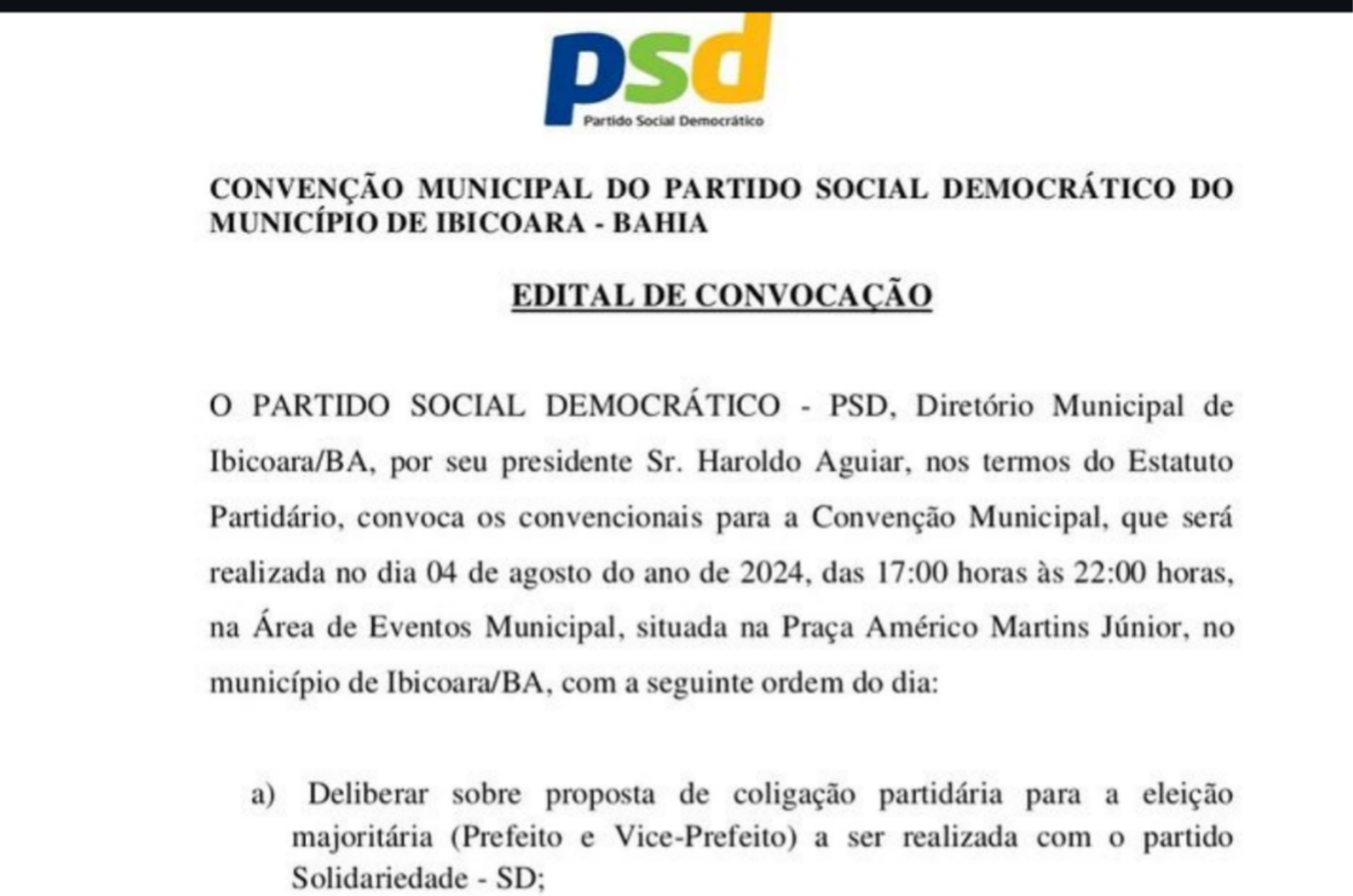 PSD de Ibicoara convida toda a população para debater pautas para as pré-candidaturas ​