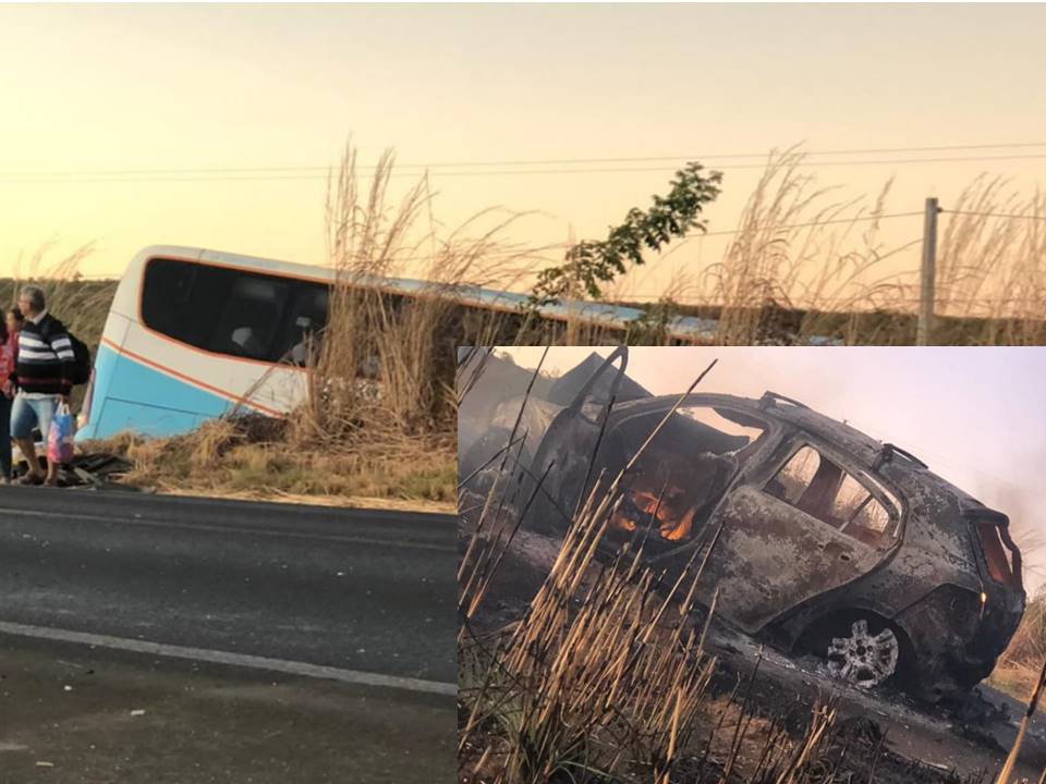 Após colisão com ônibus da Entram, carro pega fogo na BR 242, dois ficam feridos da Bahia